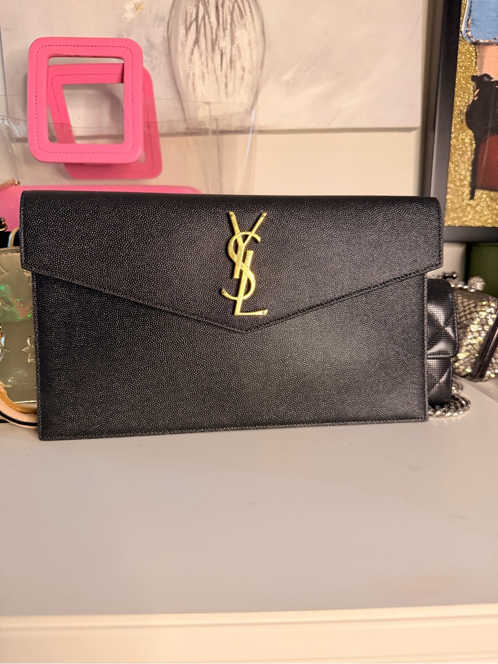 Saint Laurent Black Envelope Clutch Bag With Gold Logo